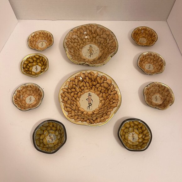 Vintage Mr. Peanut Snack Bowl Set – Planters Peanuts Advertising Tin Dishes - Picture 1 of 5